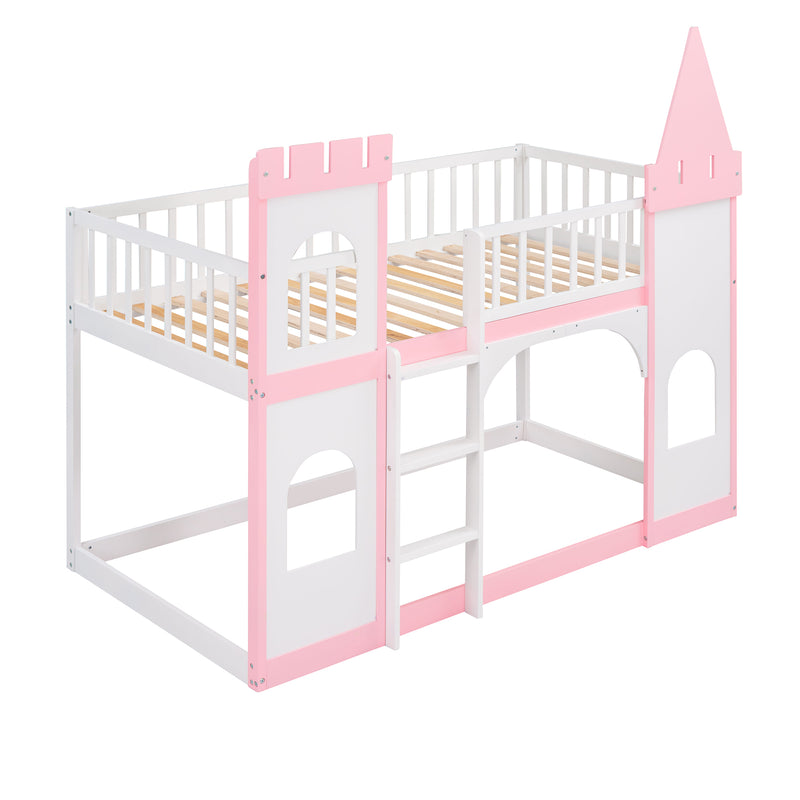 Twin Over Twin Castle Bunk Bed with Ladder - Pink