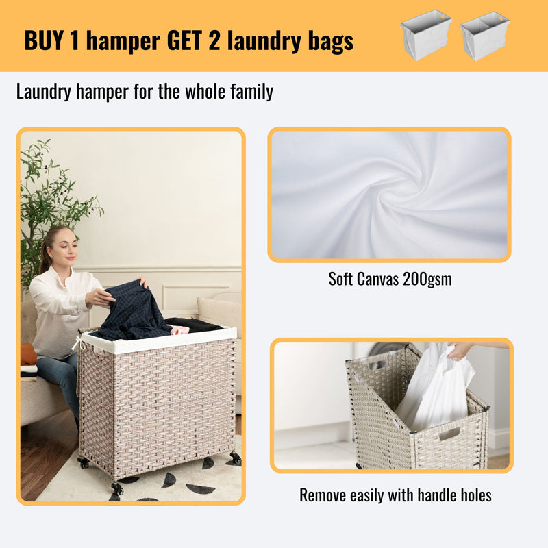 Laundry Hamper With Lid PE Rattan Powder Coating Frame Clothes Hampers With 2 Removable Bags