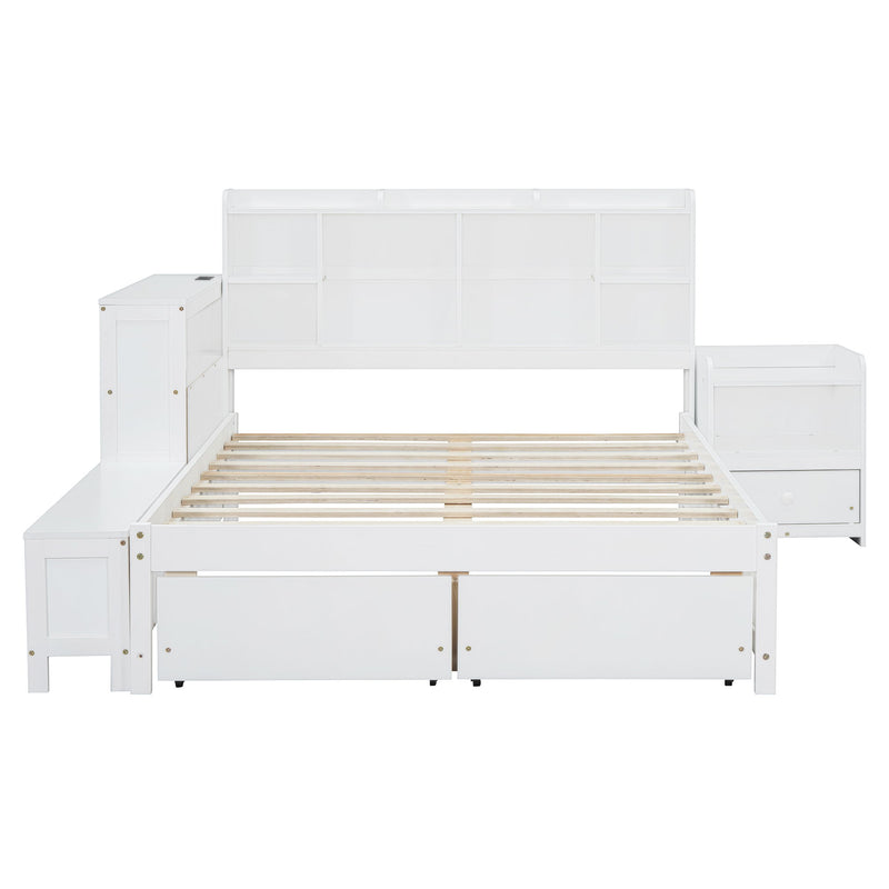 Platform Bed With Multi Functional Storage Space, Nightstand, 2 Drawers, USB Ports And Desk