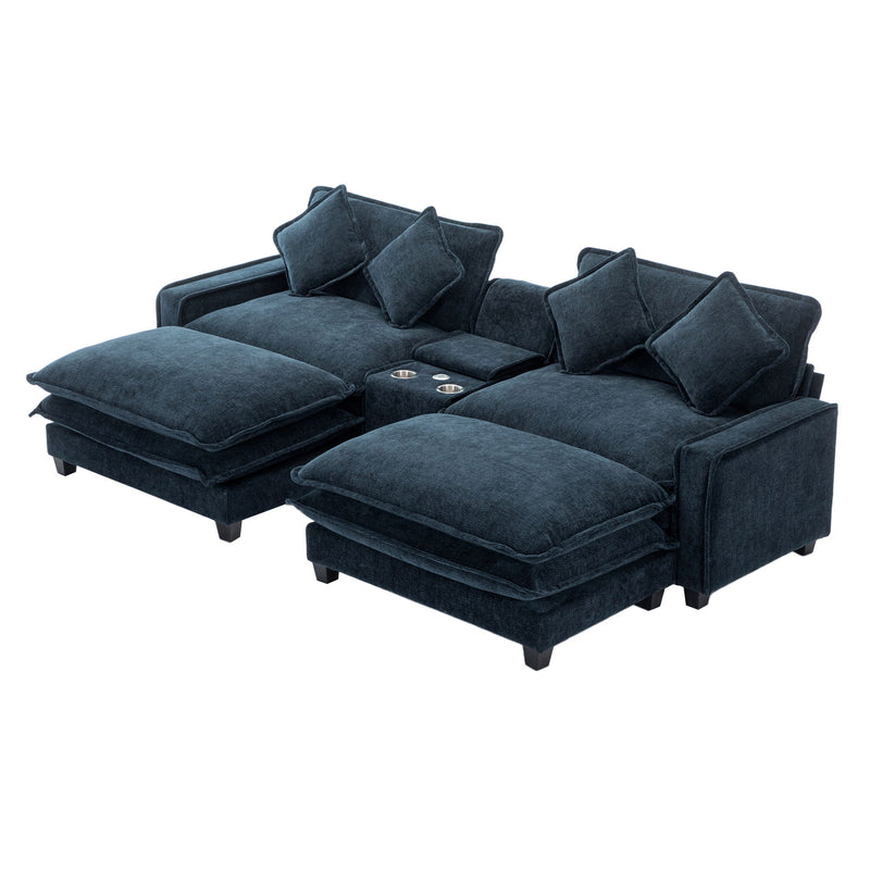 Sectional Sofa Chenille Upholstered Sofa With Two Removable Ottoman, Two USB Ports, Two Cup Holders And Large Storage Box For Living Room