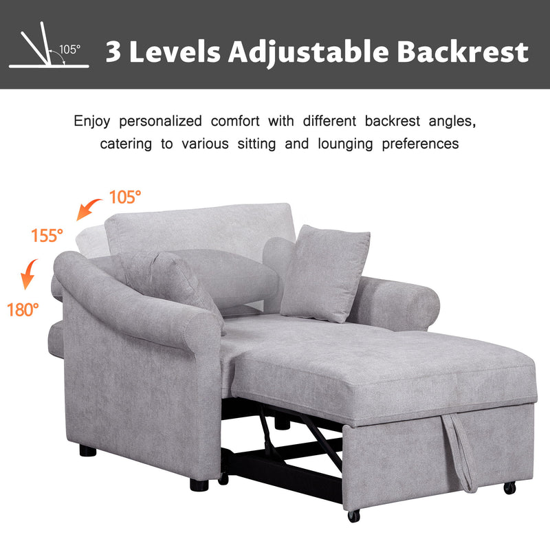 Chenille Convertible Sleeper Chair With Adjustable Backrest, 3 In 1 Lounger Chair Turns Into Bed, Single Bed For Living Room