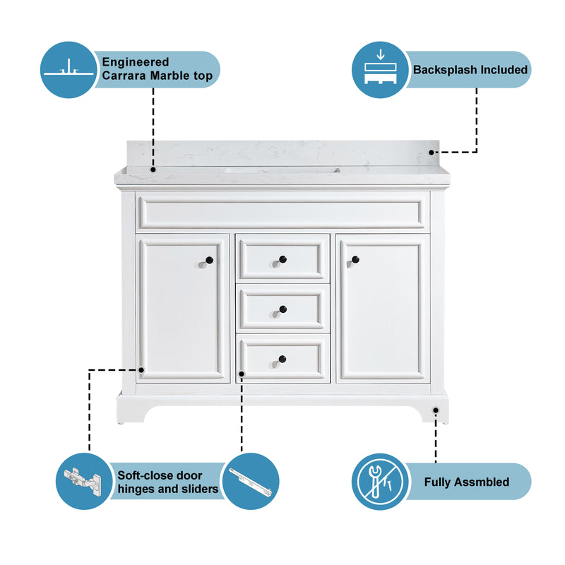 Freestanding Single Bathroom Vanity & Marble Top - White