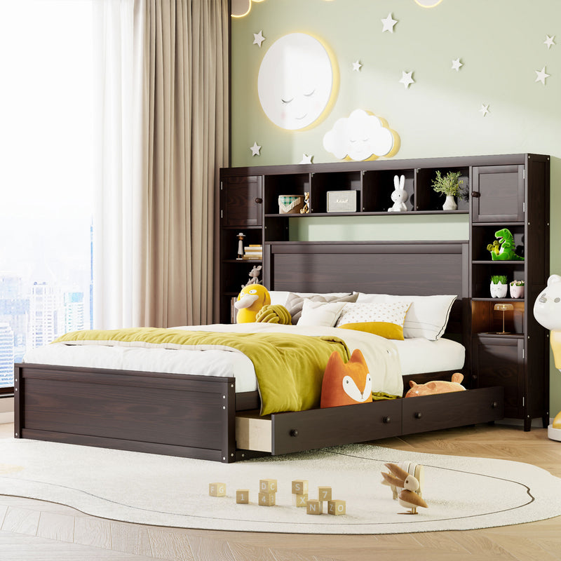 Queen Size Wooden Bed With All-in-One Cabinet, Shelf and Sockets, Espresso