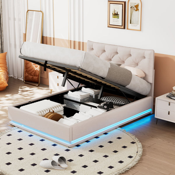 Upholstered Bed With Hydraulic Storage System And LED Light, Modern Platform Bed With Button-Tufted Design Headboard