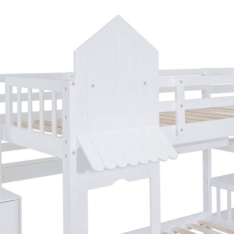 Twin-Over-Twin Castle Style Bunk Bed with 2 Drawers 3 Shelves and Slide - White