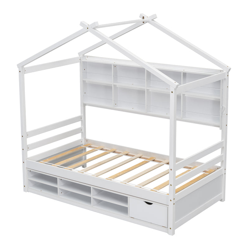 Twin House Bed with Roof Frame, Bedside-shelves, Under Bed Storage Unit,White