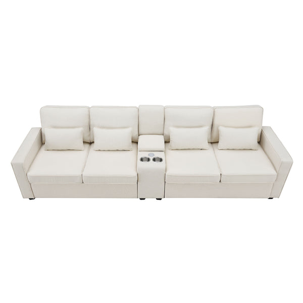 Upholstered Sofa With Console, 2 Cupholders And 2 USB Ports Wired Or Wirelessly Charged, Modern Linen Fabric Couches With 4 Pillows For Living Room, Apartment (4-Seat)