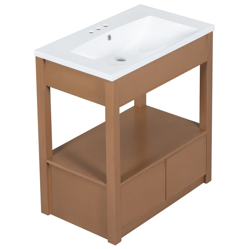 Bathroom Vanity With Sink Top, Bathroom Cabinet With Open Storage Shelf And Two Drawers - Brown