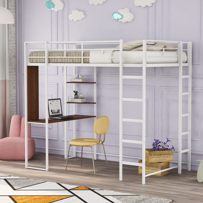 Twin Metal Loft Bed with 2 Shelves and one Desk ,WHITE(Old SKU: MF281206AAK)