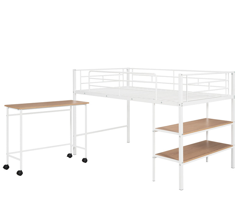 Twin Size Metal Loft Bed with Desk and Shelves,White