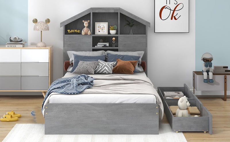 Twin Size Wood Platform Bed with House-shaped Storage Headboard and 2 Drawers, Gray