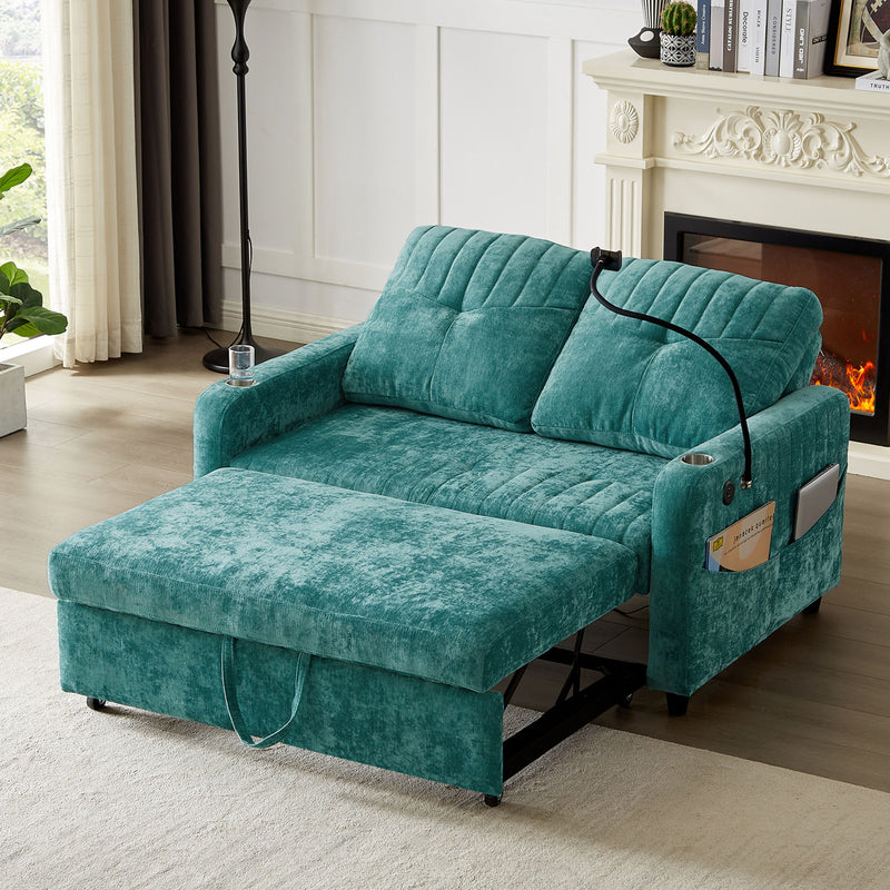 Modern Loveseat Pull Out Sofa Bed With Adjustable Backrest, Two Cup Holders, A Phone Holder, Three Charging Ports And Side Storage Pockets For Living Room