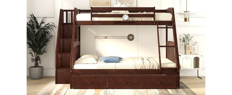 Twin-Over-Full Bunk Bed with Drawers，Ladder and Storage Staircase, Espresso