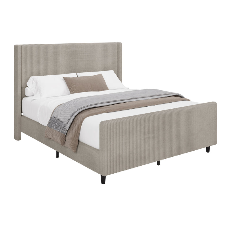 Corduroy Upholstered Bed Frame With Vertical Stripe Wingback And High Footboard No Box Spring Needed