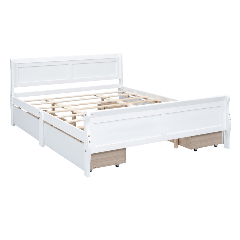 Queen Size Wood Platform Bed with 4 Drawers and Streamlined Headboard & Footboard, White