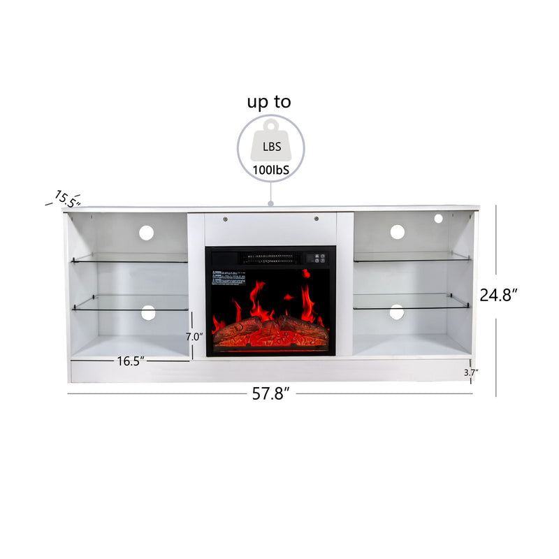 Fireplace TV Stand With 18" Electric Fireplace Heater, Modern Entertainment Center For TVs Up To 62" With Adjustable Glass Shelves And Storage Cabinets