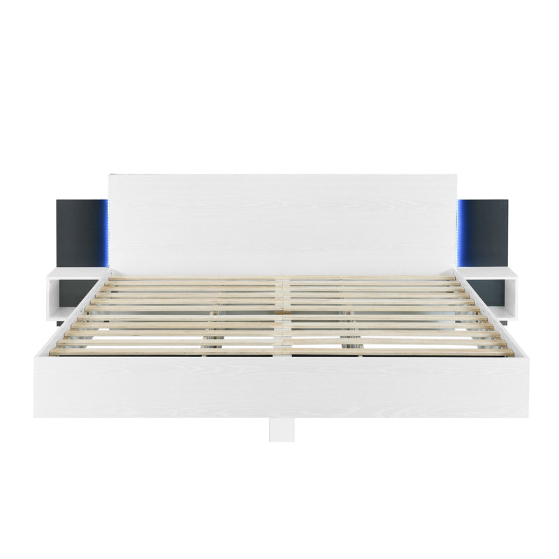 Floating Platform Bed, With LED Lights, Bedside Nightstand