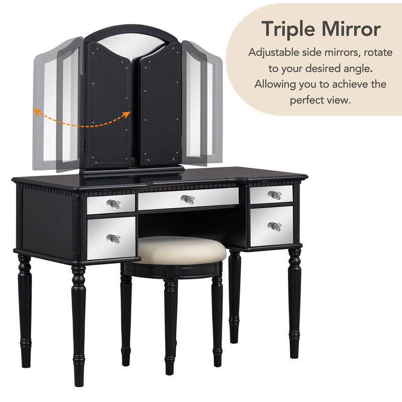 Dressing Table Set With Mirrored Drawers And Stool, Tri-Fold Mirror, Makeup Vanity Set For Bedroom