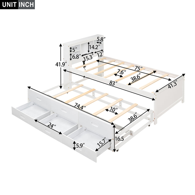 Twin Size Platform Bed with Storage Headboard, USB, Twin Size Trundle and 3 Drawers, White