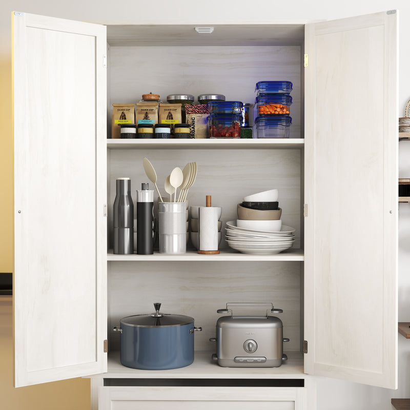 Kitchen Pantry Storage Cabinet With 2 Drawers And 3 Shelves, Minimalist Wood Large Storage Cabinet For Kitchen - Antique White