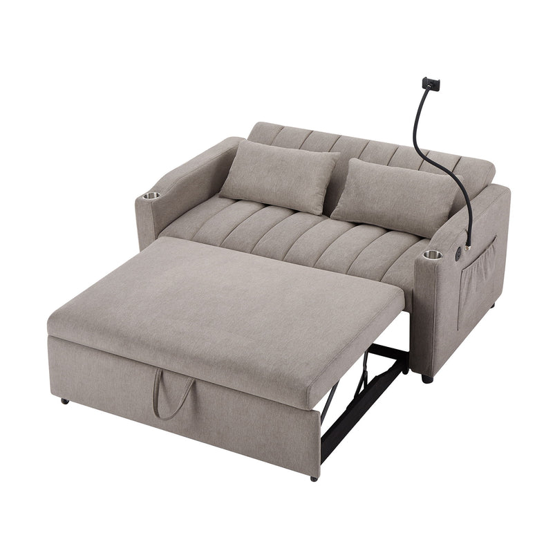 Convertible Sofa Bed Loveseat Sofa With Three USB Ports, Two Side Pockets, Two Cup Holders And 360° swivel Phone Holder For Living Room