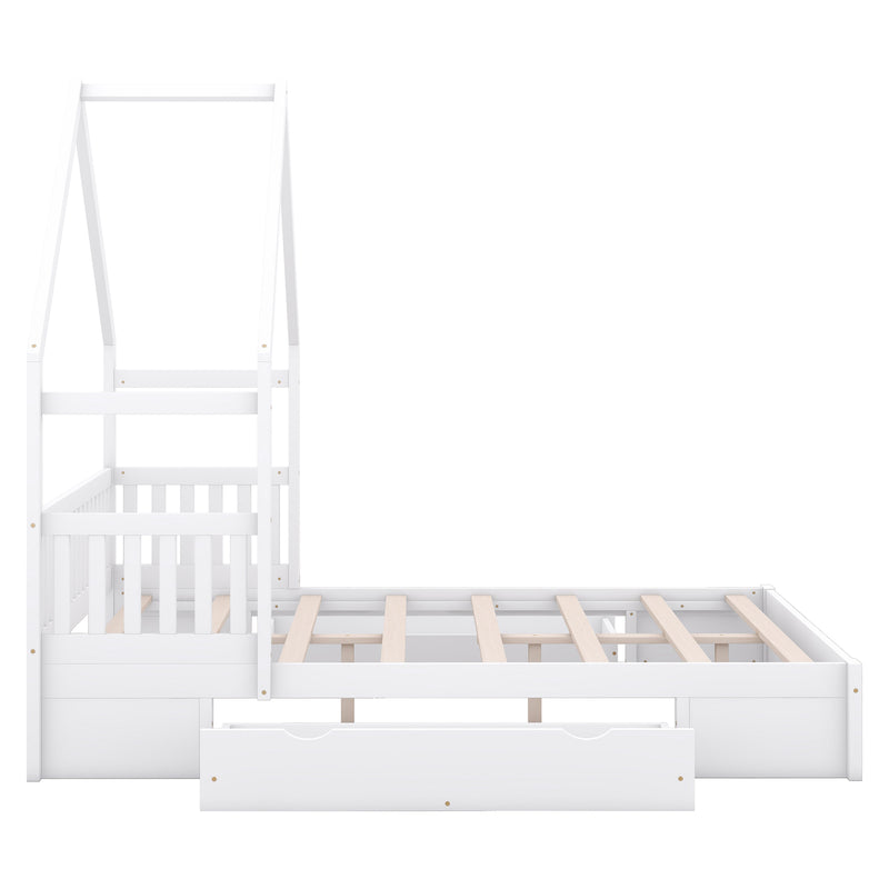 Wood Queen Size House Platform Bed with Guardrail and 2 Drawers, White (Expected Arrival Time:4.26)