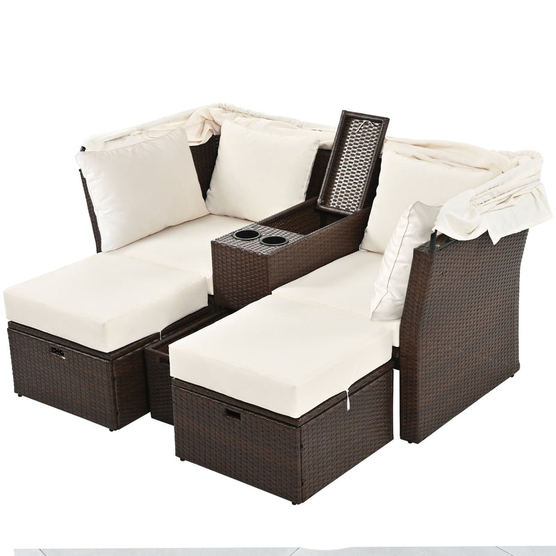 2 Seater Outdoor Patio Daybed Outdoor Double Daybed Outdoor Loveseat Sofa Set With Foldable Awning And Cushions For Garden, Balcony, Poolside