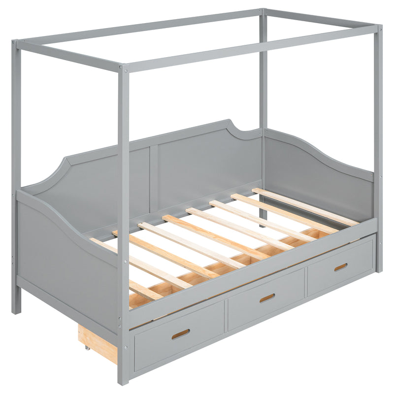 Twin Size Wooden Canopy Daybed with 3 in 1 Storage Drawers,Grey