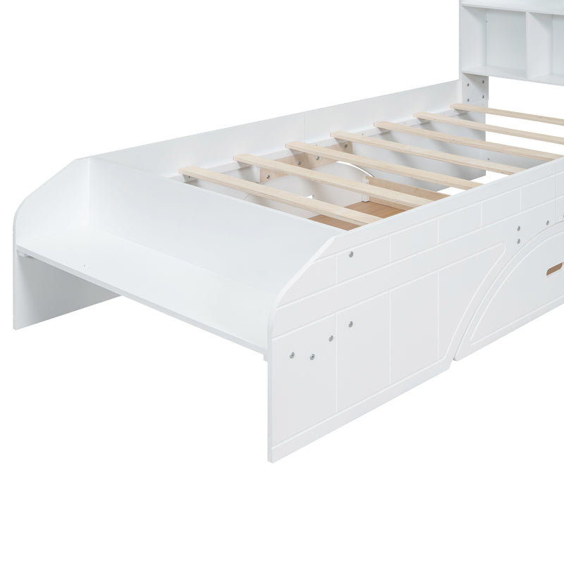 Wood Twin Size Platform Bed with 2 Drawers, Storage  Headboard and Footboard, White