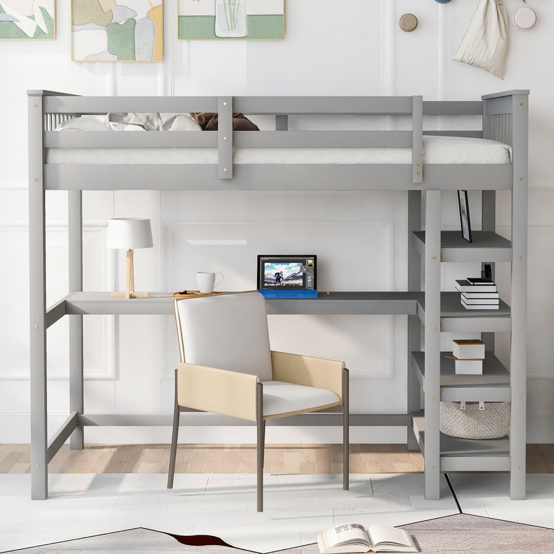 Twin Size Loft Bed with Storage Shelves and Under-bed Desk, Gray(OLD SKU:SM000245AAE-1)