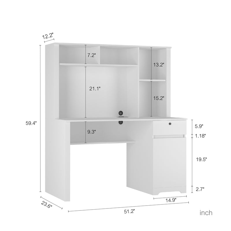 Computer Desk with Hutch & Bookshelf,Wood Executive Desk Teens Student Desk Writing Laptop Home Office Desk with Drawers,3 AC Outlets and 2 USB Charging Ports,Study Laptop Table for Home(White)