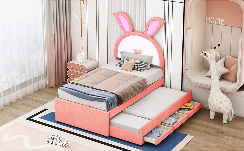 Twin Size Upholstered Platform Bed with Trundle and 3 Drawers, Rabbit-Shaped Headboard with Embedded LED Lights, Pink