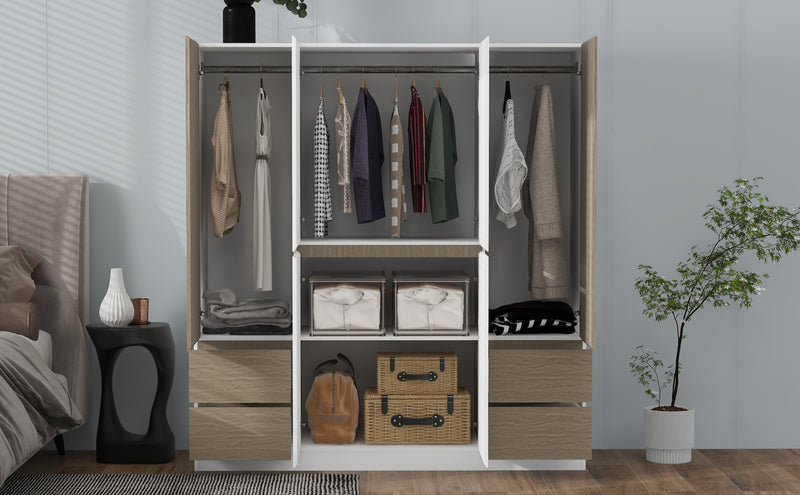 6 Doors Wardrobe Storage For Bedroom, With 4 Drawers - White / Nature