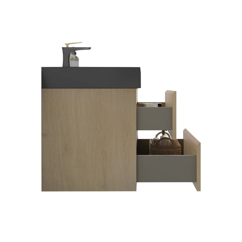 Alice - Natural Oak Bathroom Vanity With Sink, Large Storage Wall Mounted Floating Bathroom Vanity For Modern Bathroom, One-Piece Black Sink Basin Without Drain