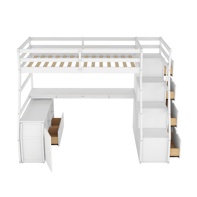 Twin Size Loft Bed with 7 Drawers 2 Shelves and Desk - White