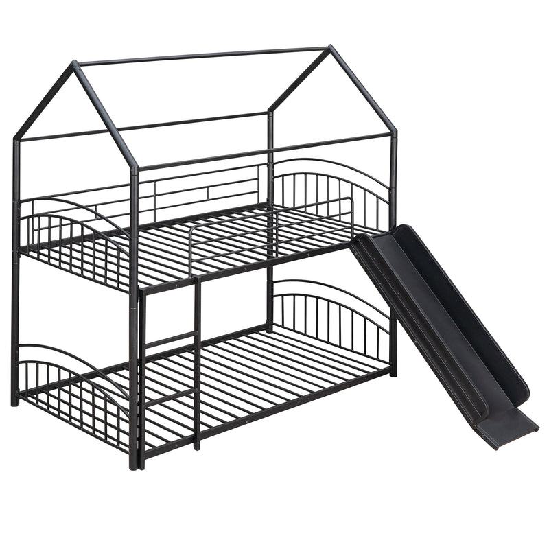 Twin Over Twin Metal Bunk Bed With Slide,Kids House Bed Black