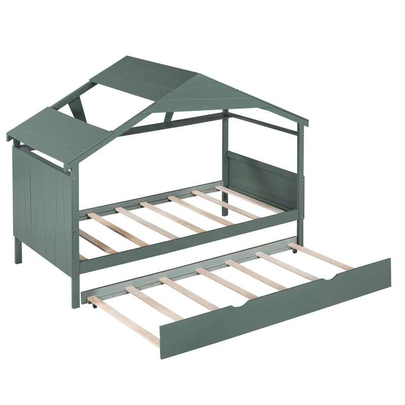 Wood Twin Size House Bed with Trundle and Storage, Green