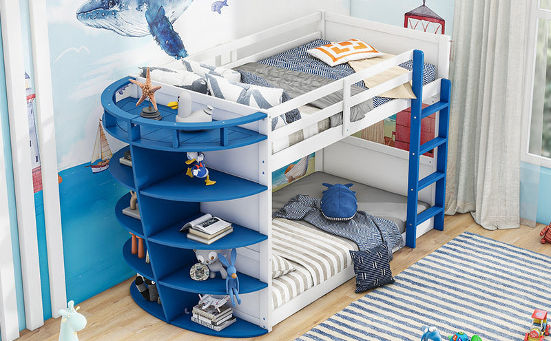 Twin over Twin Boat-Like Shape Bunk Bed with Storage Shelves, White+Blue