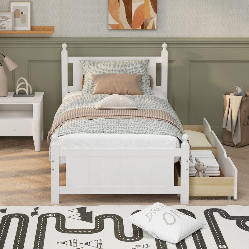 Twin Size Solid Wood Platform Bed Frame with 2 drawers for Limited Space Kids, Teens, Adults, No Need Box Spring, White