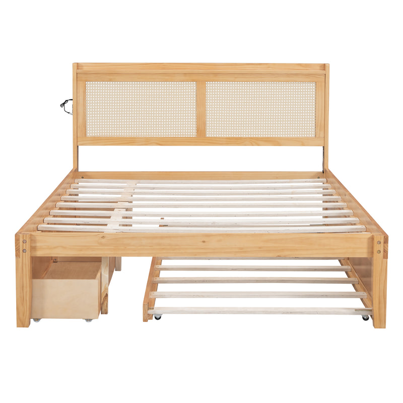 Queen Size Elegant Bed Frame with Rattan Headboard and Sockets ,Walnut