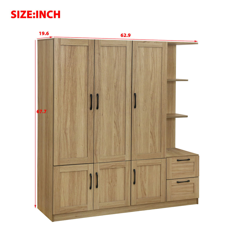 3 Door Storage Wardrobe For Dedroom With Shelves And 2 Drawers, Side Storage Shelves