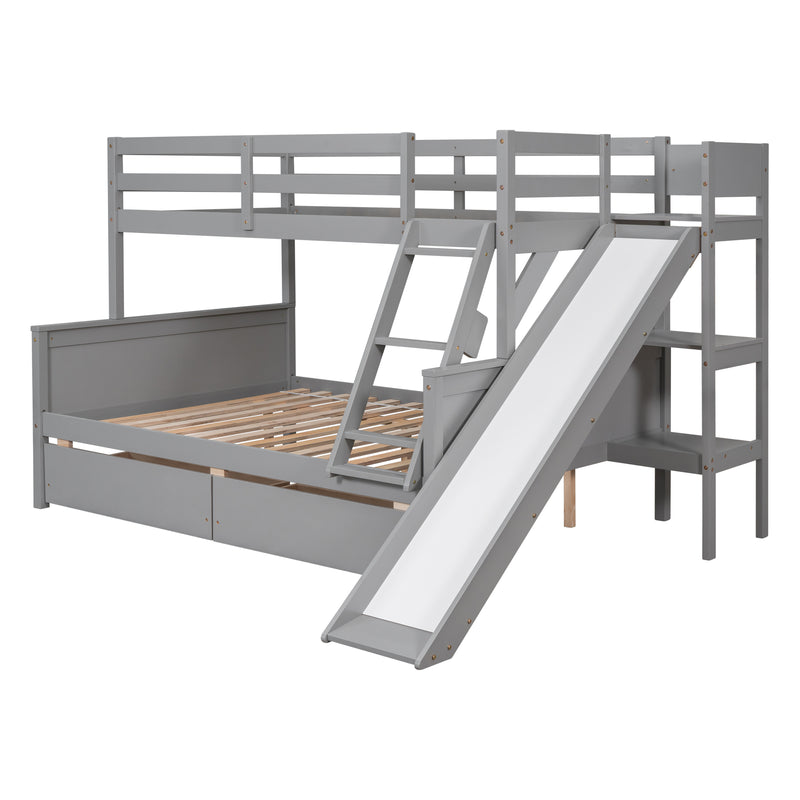 Twin over Full Bunk Bed with 2 Drawers,Slide,Shelves Grey