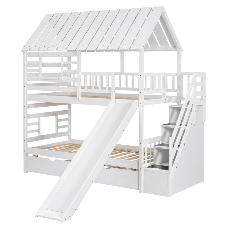 Twin over Twin House Bunk Bed with Trundle and Slide, Storage Staircase, Roof and Window Design, White(Old SKU: GX000931AAK)