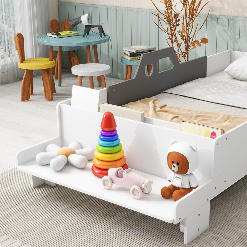 Car-Shaped Twin Wood Bed with Bench,White