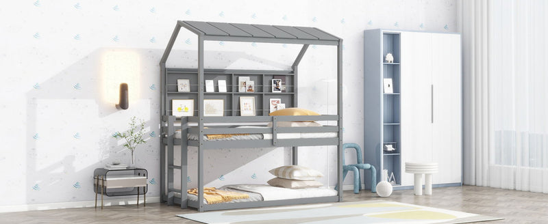 House Loft Bed With Guardrails, Semi-Enclosed Roof, Bedside Shelves And Ladder