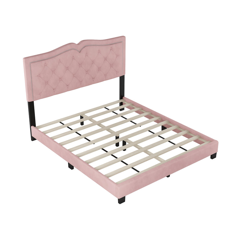 Queen Size Upholstered Bed Frame with Rivet Design, Modern Velvet Platform Bed with Tufted Headboard,Pink