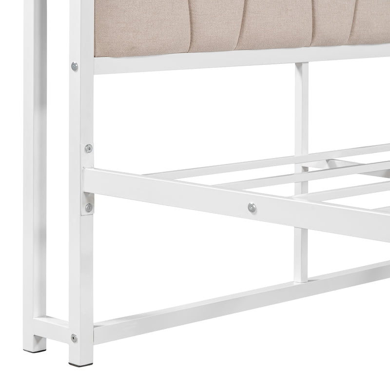 Queen Size Metal Platform Bed Frame with Twin size trundle, Upholstered headboard, Sockets, USB Ports and Slat Support, No Box Spring Needed, White