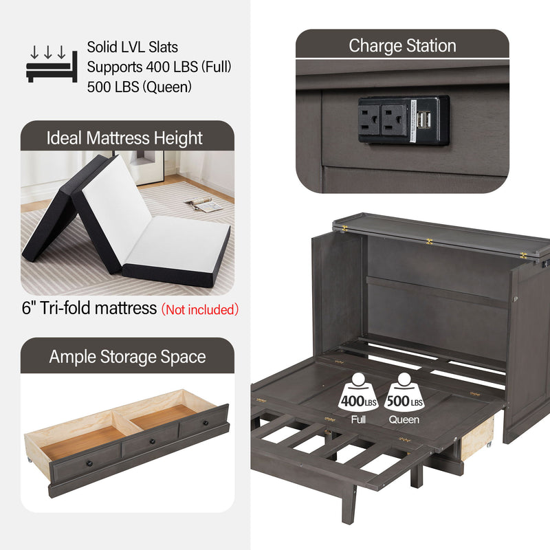 Solid Pine Murphy Bed Chest Cube Cabinet Bed With Charging Station And Large Storage Drawer For Home Office Or Small Room