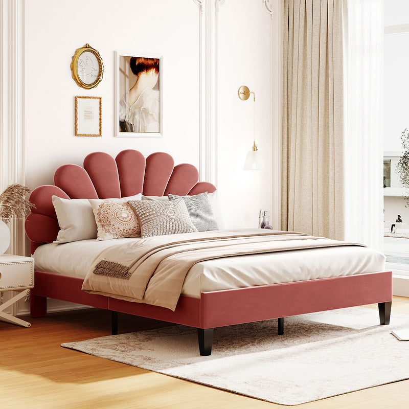 Queen Size Upholstered Platform Bed with Flower Pattern Velvet Headboard, Bean Paste Red