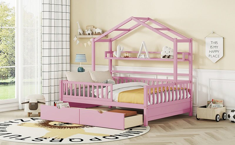 Wooden Full Size House Bed with 2 Drawers,Kids Bed with Storage Shelf, Pink